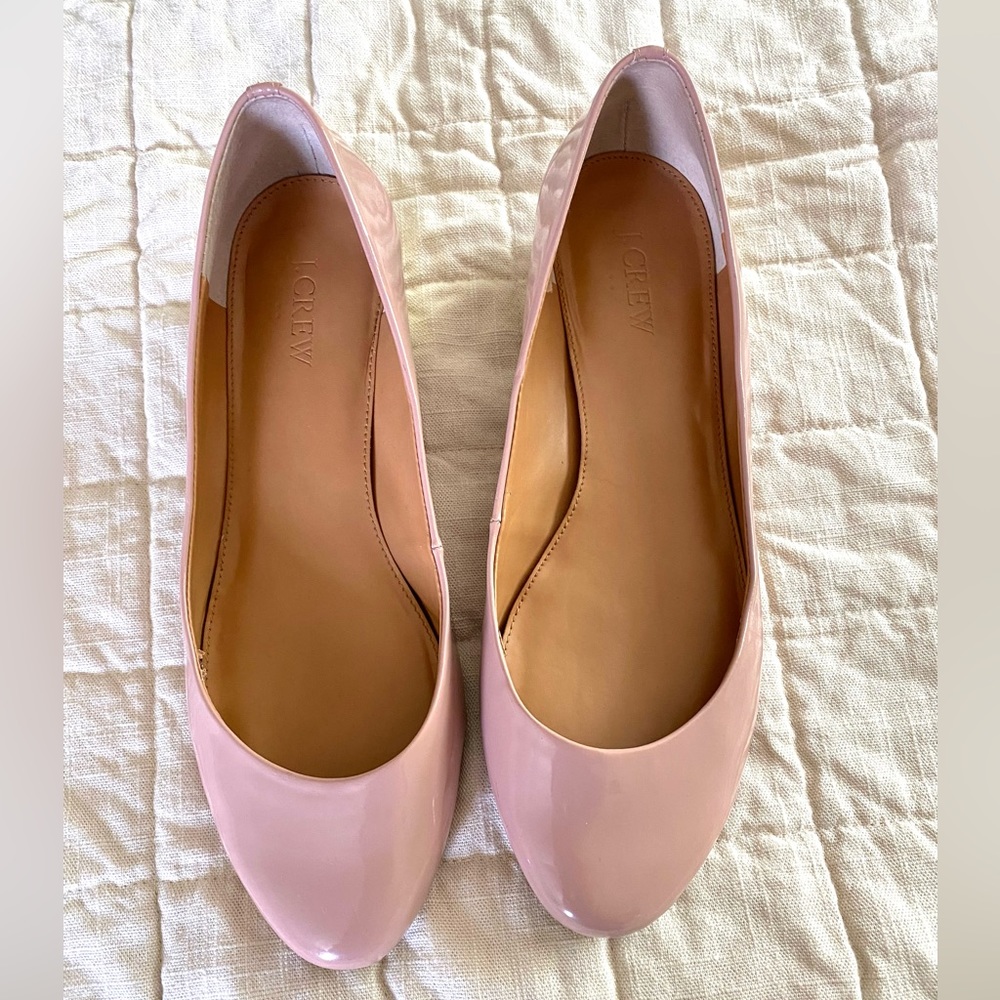 Jcrew pink patent leather ballet flats with gold heel